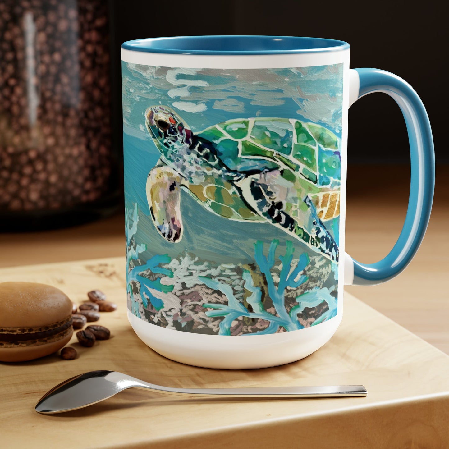 OKI Sea Turtle Two-Tone Coffee Mugs, 15oz - Blue Cava