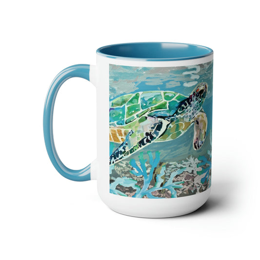 OKI Sea Turtle Two-Tone Coffee Mugs, 15oz - Blue Cava