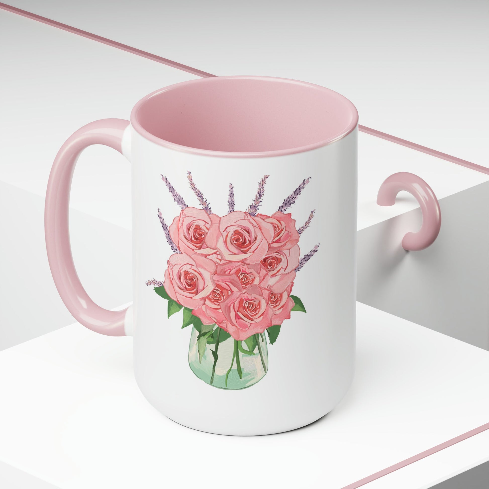 Rose Bouquet Two-Tone Coffee Mugs, 15oz - Blue Cava