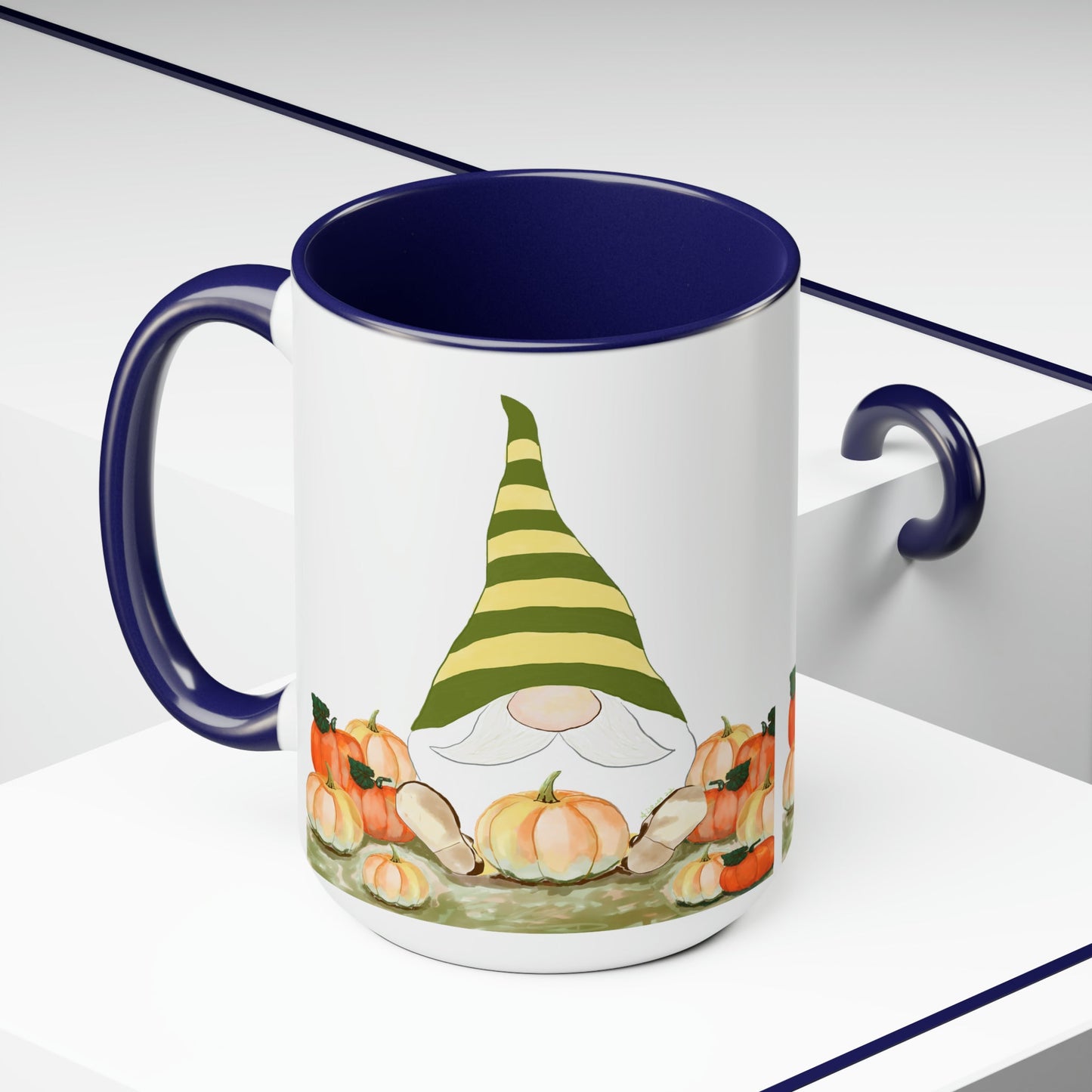 “Sawyer” Fall Gnome Two-Tone Coffee Mugs, 15oz - Blue Cava