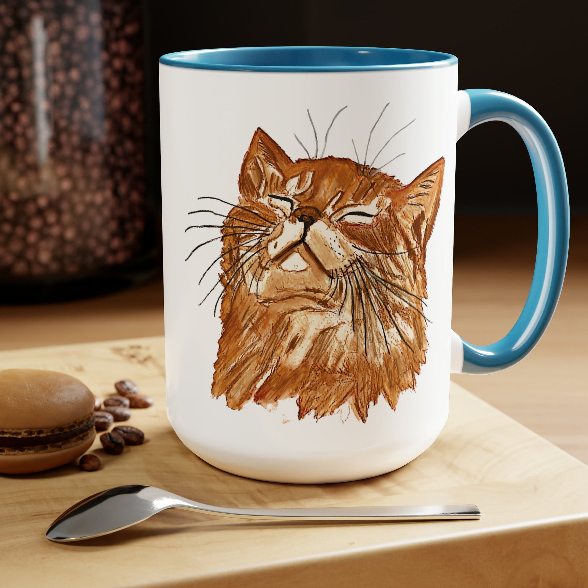 Watercolor Cat Two-Tone Coffee Mugs, 15oz (Four Colors available) - Blue Cava