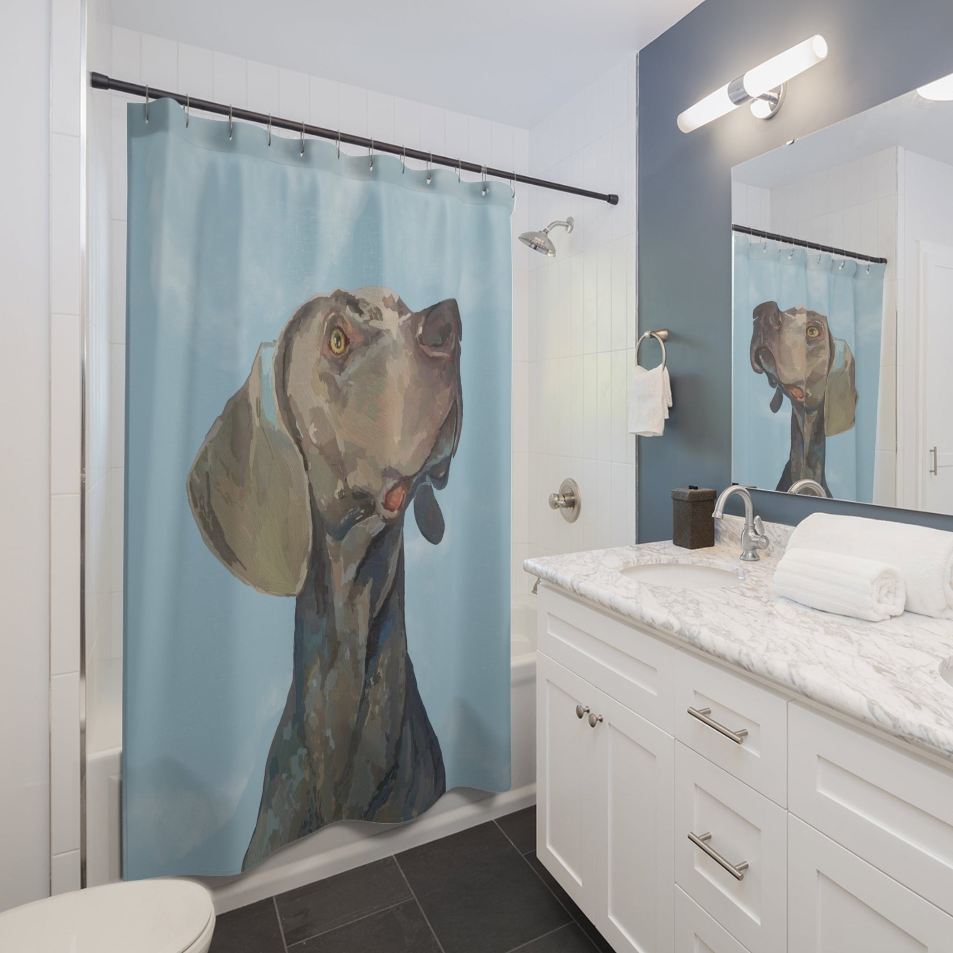 Weimaraner “Blue” Shower Curtains - Blue Cava